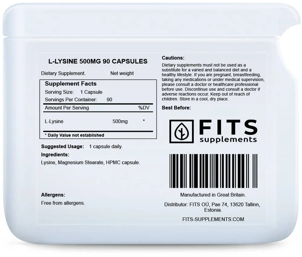 L-Lysine 500mg 90 capsules - FITS Dietary Supplements