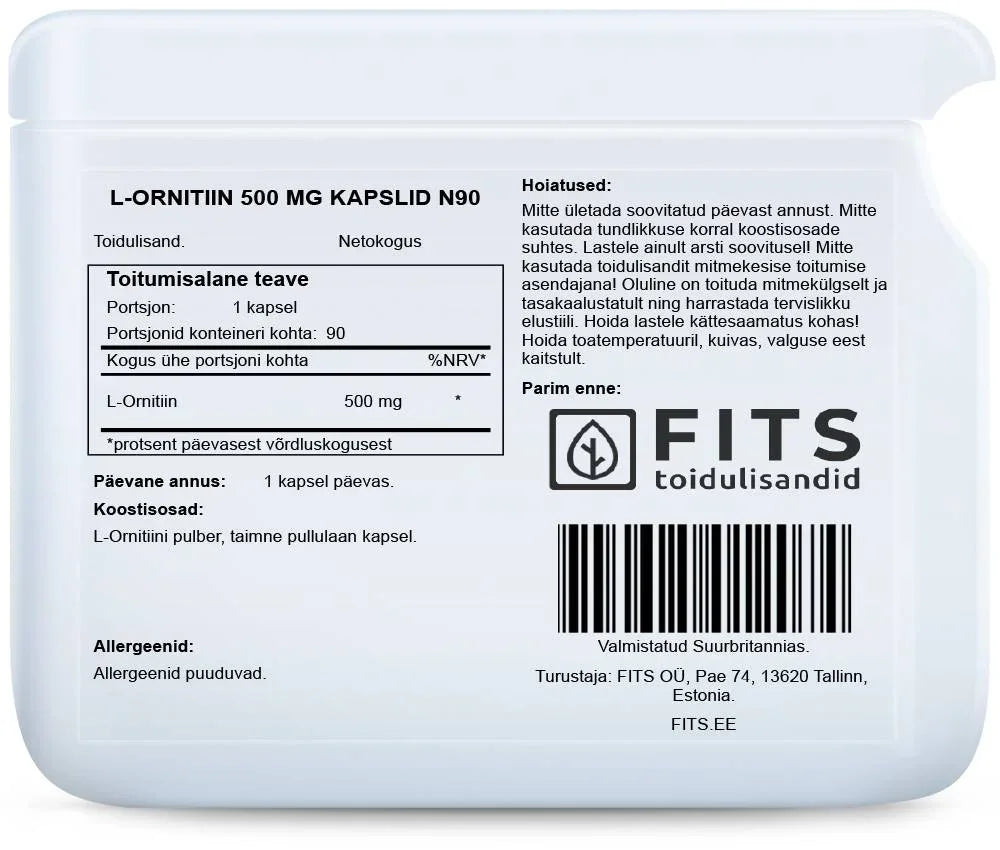 L-Ornithine 500mg 90 capsules - FITS Dietary Supplements