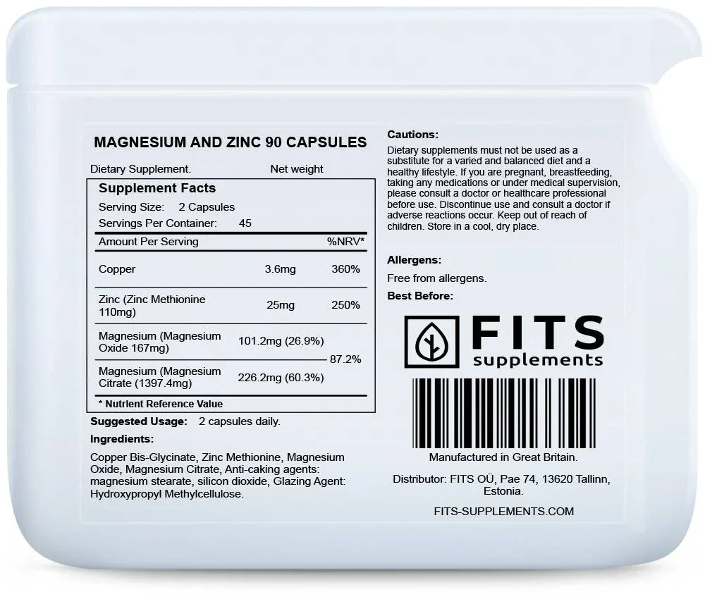 Magnesium and Zinc 90 capsules - FITS Dietary Supplements