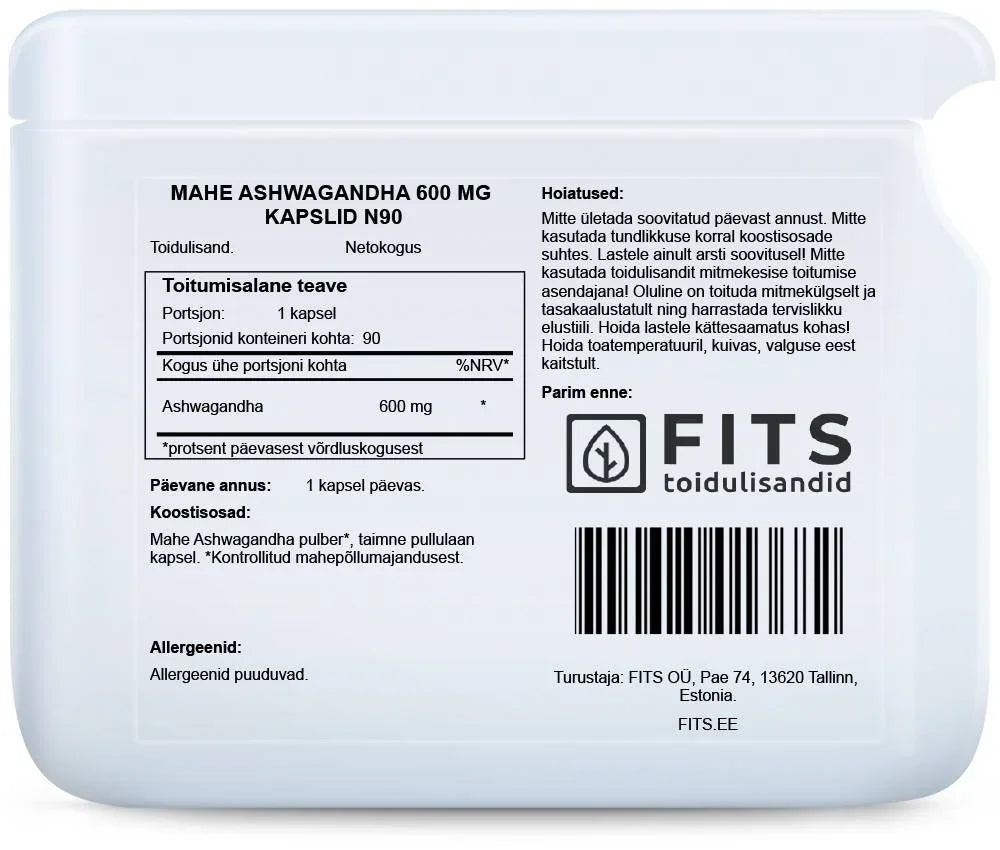 Organic Ashwagandha 600mg 90 capsules - FITS Dietary Supplements