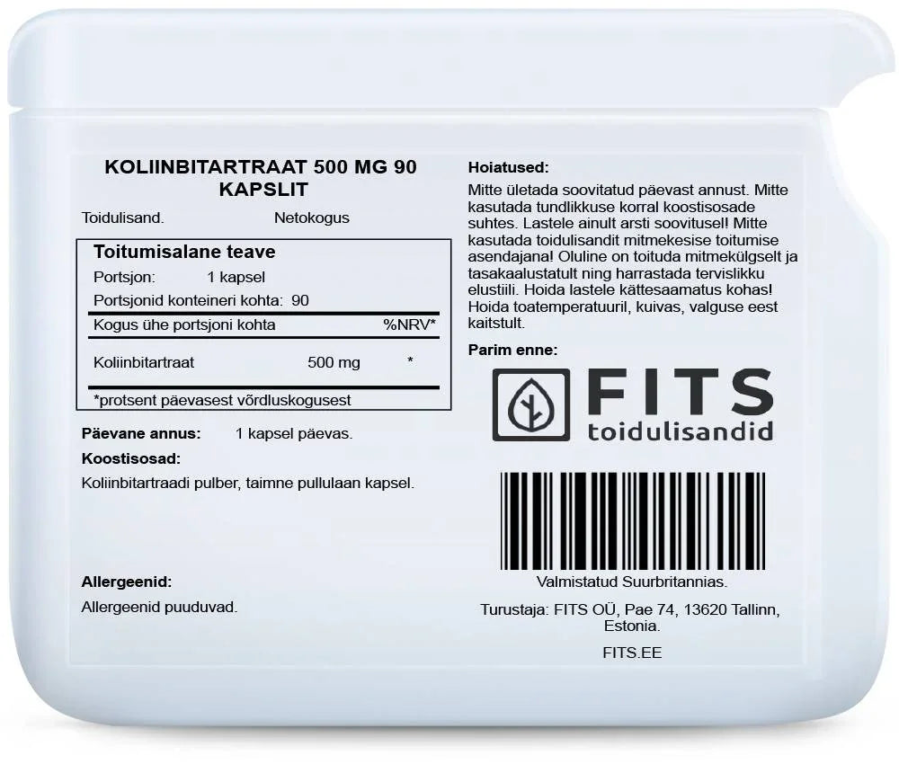 Choline Bitartrate 500mg 90 capsules - FITS Dietary Supplements