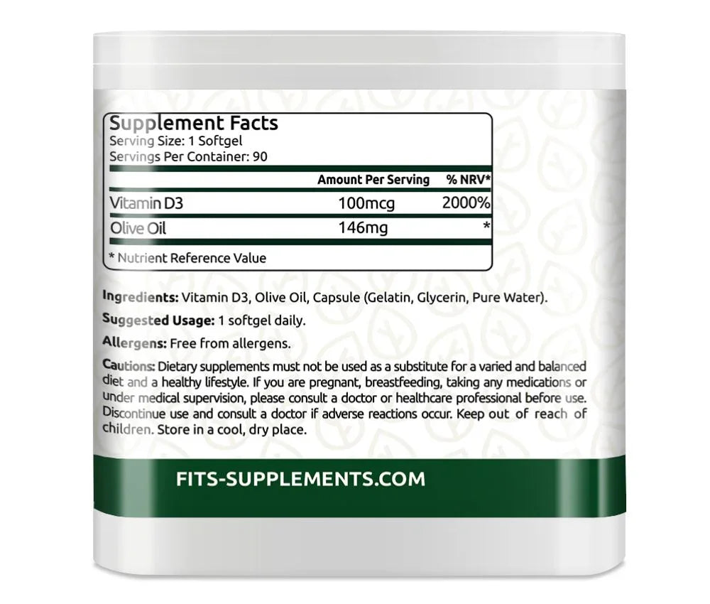 Vitamin D3 4000IU 90 softgels - FITS Dietary Supplements