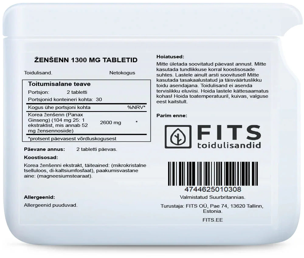 Korean Ginseng 1300mg 60 tablets - FITS Dietary Supplements