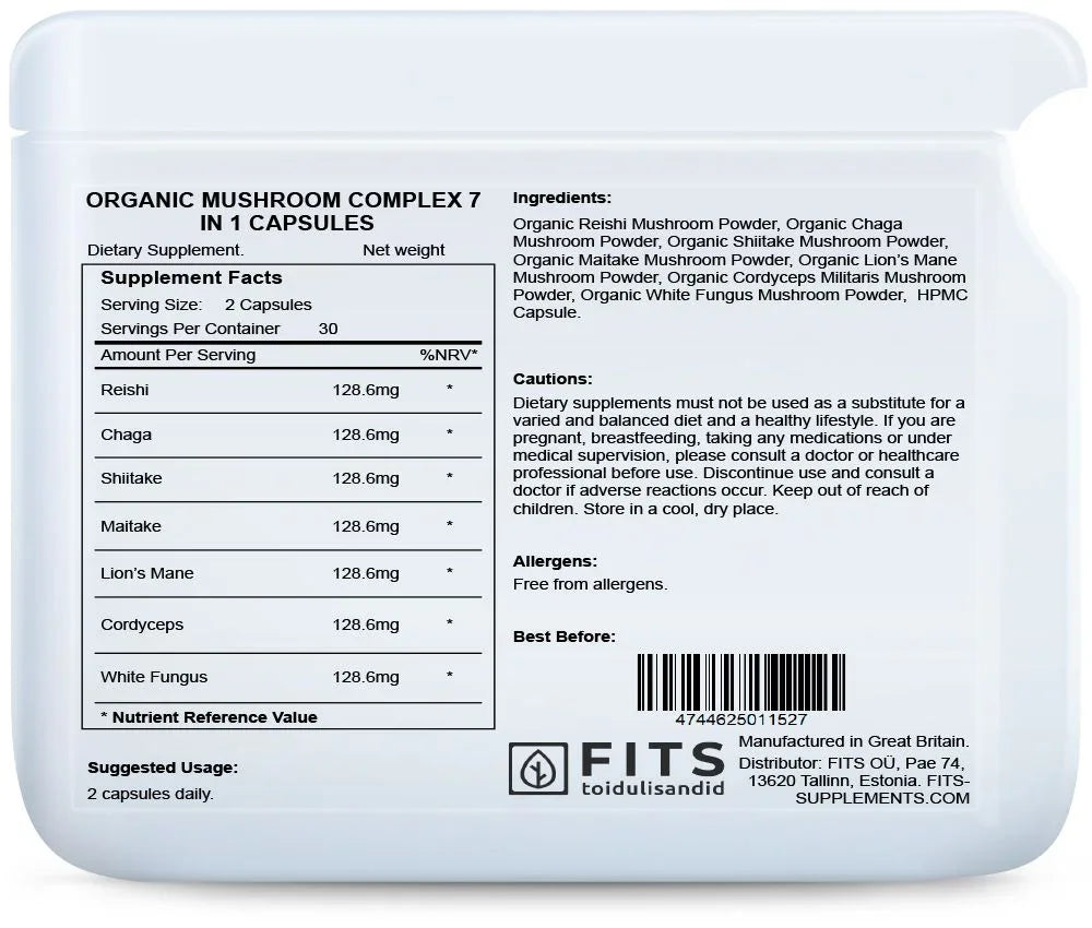 Organic Mushroom Complex 7 in 1 60 capsules - FITS Dietary Supplements